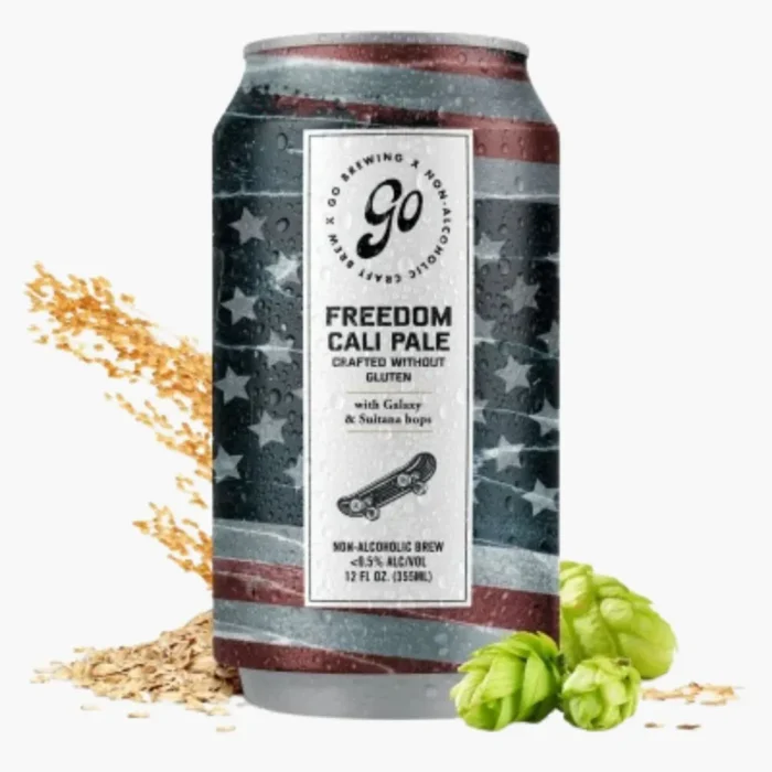 Go Brewing Freedom Cali Pale can with American flag design, surrounded by hops and grains.