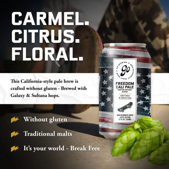Go Brewing Freedom Cal Pale ad with caramel, citrus, floral notes; gluten-free and crafted with premium hops.