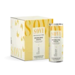 Sovi Sparkling White non-alcoholic wine can and box featuring elegant yellow and white design.