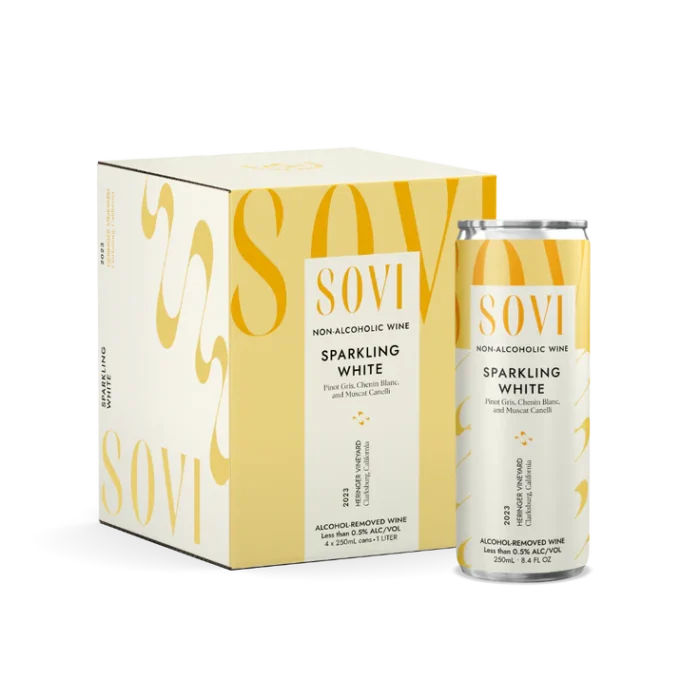 Sovi Sparkling White non-alcoholic wine can and box featuring elegant yellow and white design.