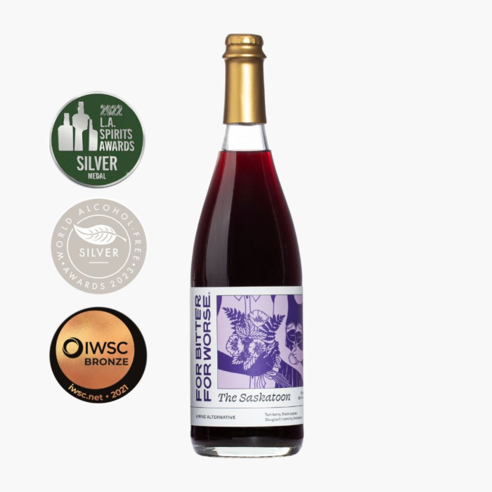 For Bitter For Worse 'The Saskatoon' non-alcoholic wine alternative with award badges for recognition.