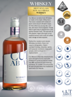 Cut Above Whiskey promotional infographic showcasing the bottle, product description, awards, and key features like being non-alcoholic, vegan, and gluten-free.