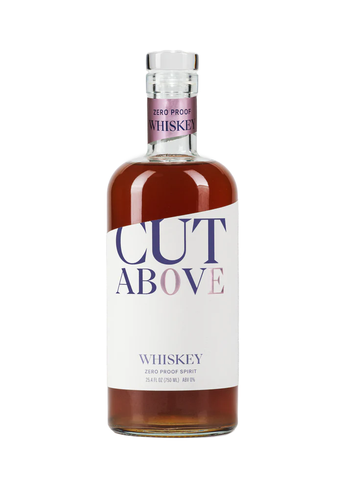 Bottle of Cut Above Whiskey, a premium non-alcoholic whiskey alternative with a sleek and modern design.