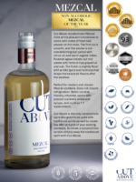 Cut Above Mezcal informational label featuring detailed product highlights, awards, and nutritional information.