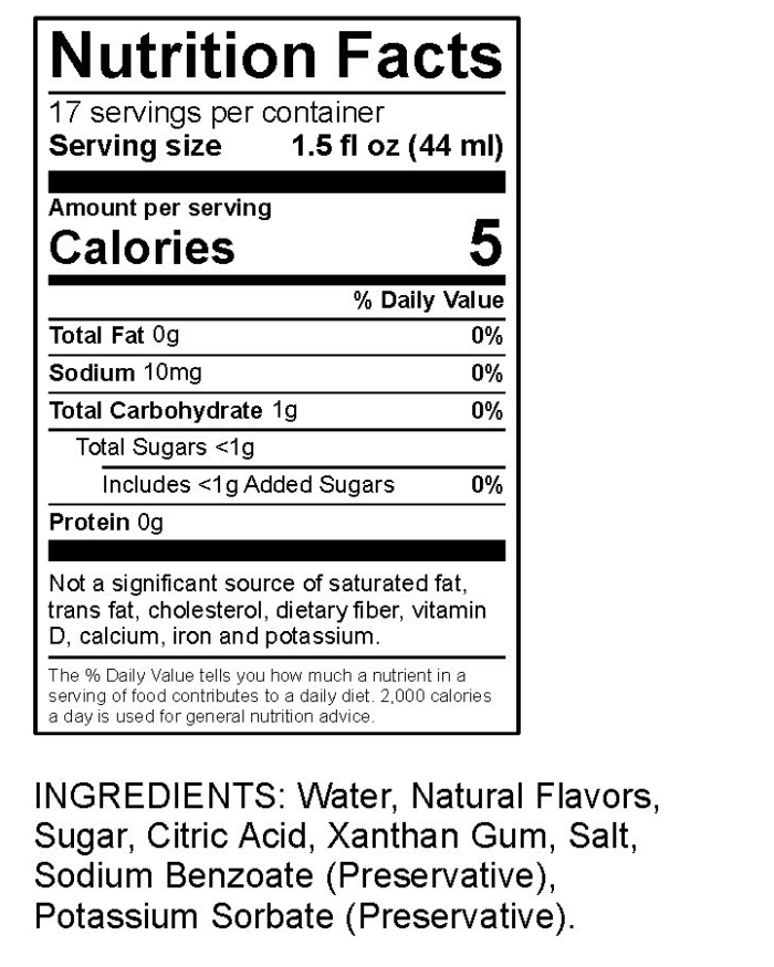 Cut Above Nutrition Facts: 5 calories per 1.5 oz, gluten-free, low sugar, natural flavors, and salt.